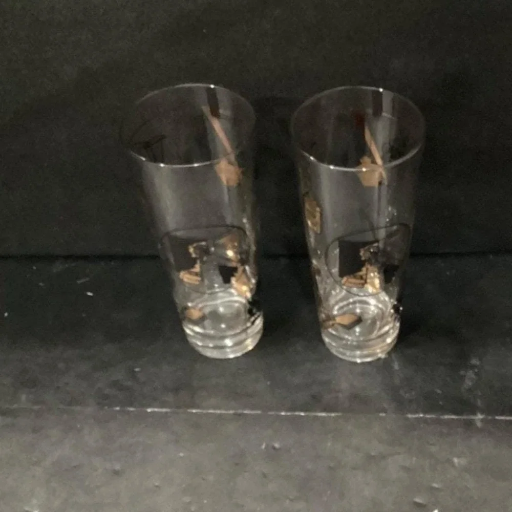 Fuller Brush Swanky Swig Tumblers, Set of 2, Vintage Black Gold Highball Glasses